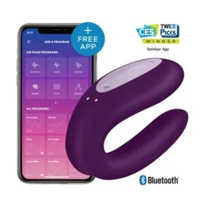 Vibrátor SATISFYER DOUBLE JOY fialový + dárek prémiový FLAGRANTI lubrikant